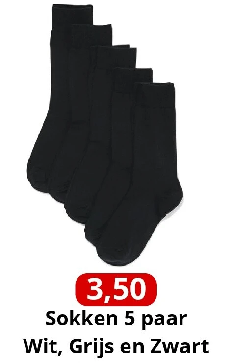 Sokken 5 paar Wit, Grijs en Zwart
