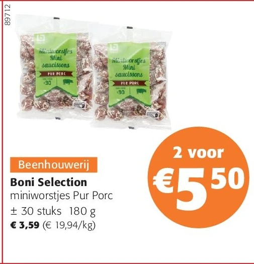 Boni Selection miniworstjes Pur Porc ± 30 stuks 180 g