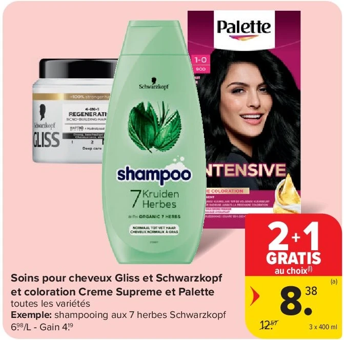 Soins pour cheveux Gliss et Schwarzkopf et coloration Creme Supreme et Palette 3 x 400 ml