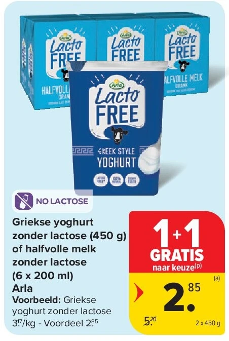 Griekse yoghurt zonder lactose (450 g) of halfvolle melk zonder lactose (6 x 200 ml) Arla