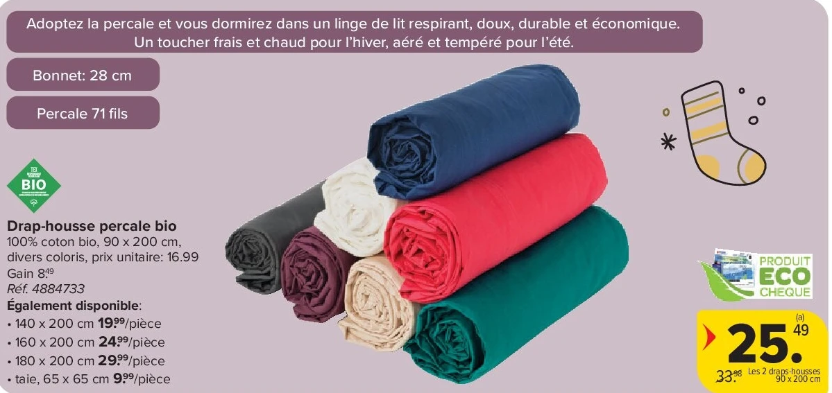 Drap-housse percale bio 100% coton bio, 90 x 200 cm