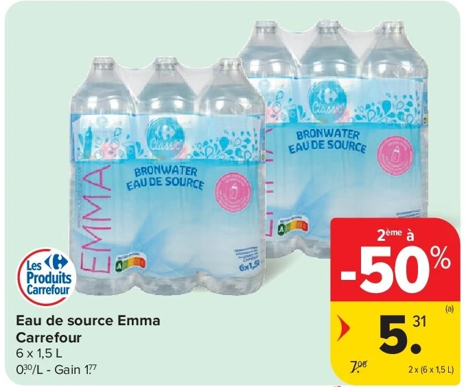 Eau de source Emma Carrefour 2 x (6 x 1,5 L)