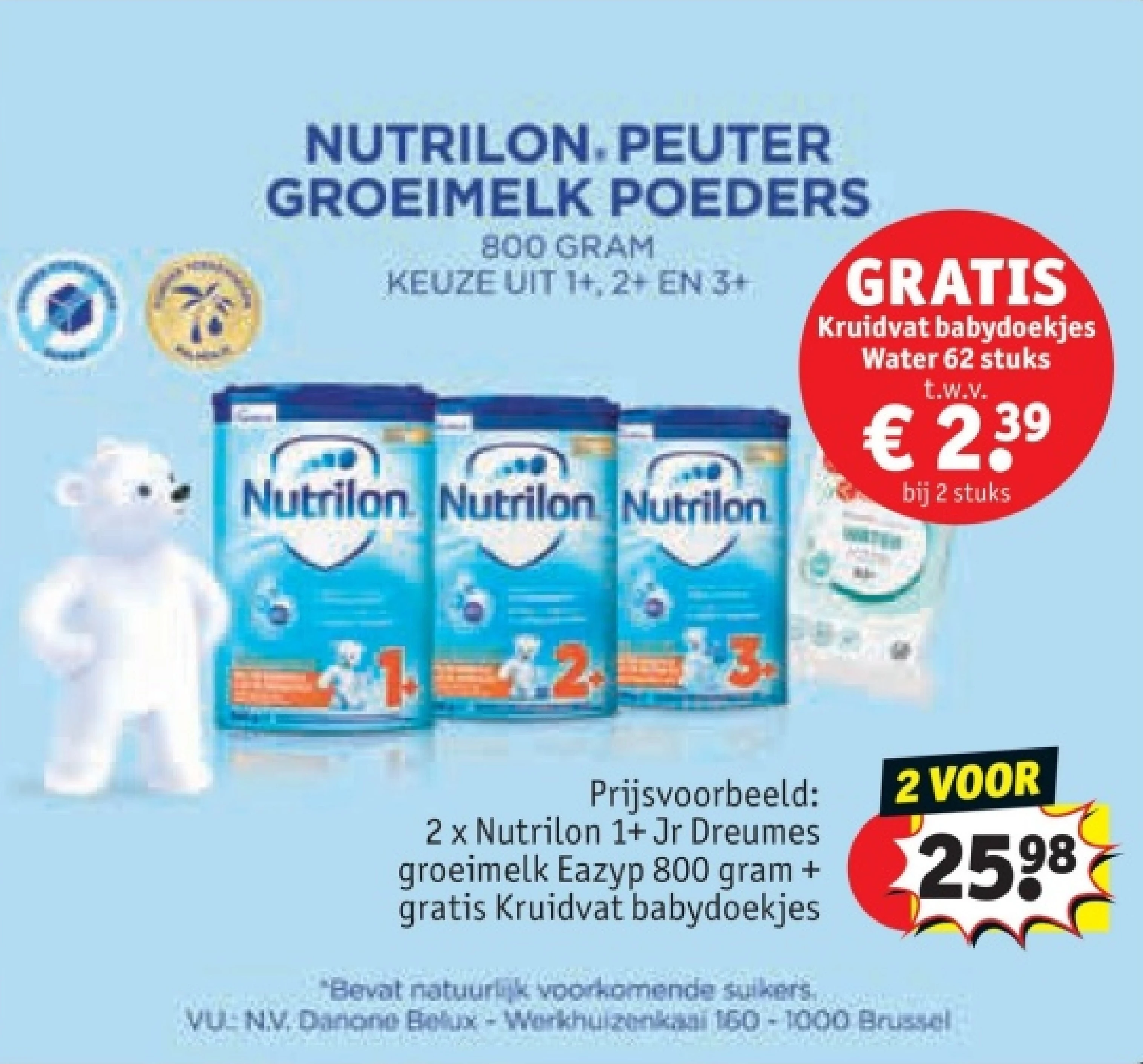2 x Nutrilon 1+ Jr Dreumes groeimelk Eazyp 800 gram + gratis Kruidvat babydoekjes
