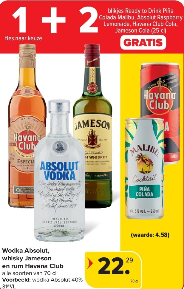 Wodka Absolut, whisky Jameson en rum Havana Club