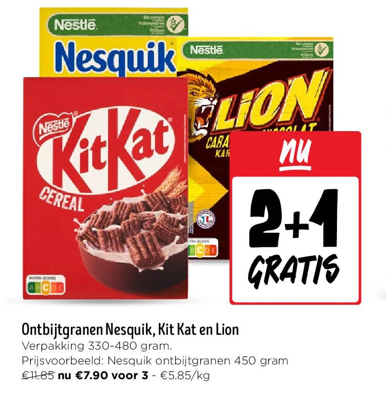 Ontbijtgranen Nesquik, Kit Kat en Lion