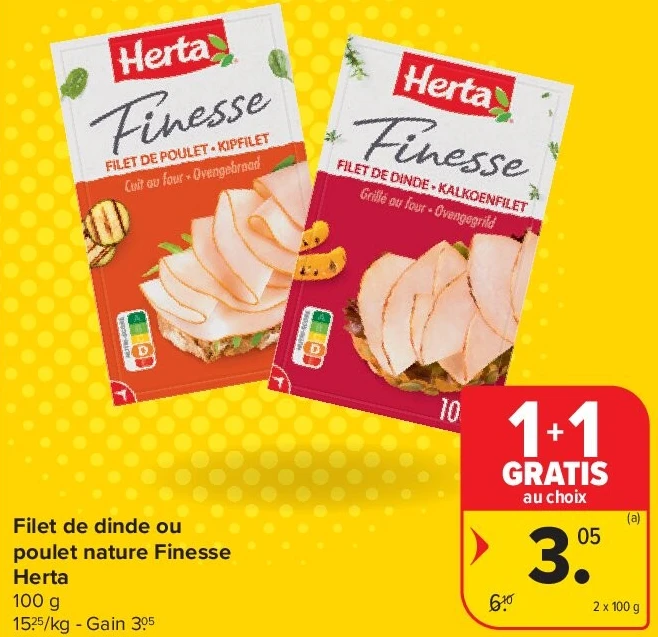 Filet de dinde ou poulet nature Finesse Herta 2 x 100 g