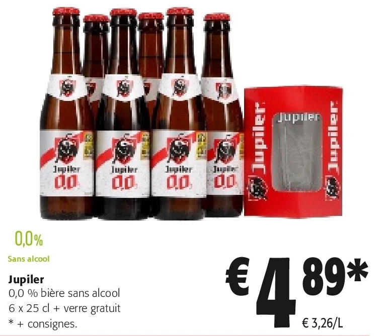 Jupiler 0,0 % bière sans alcool 6 x 25 cl + verre gratuit