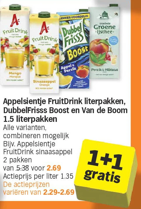 Appelsientje FruitDrink literpakken, DubbelFrisss Boost en Van de Boom 1.5 literpakken