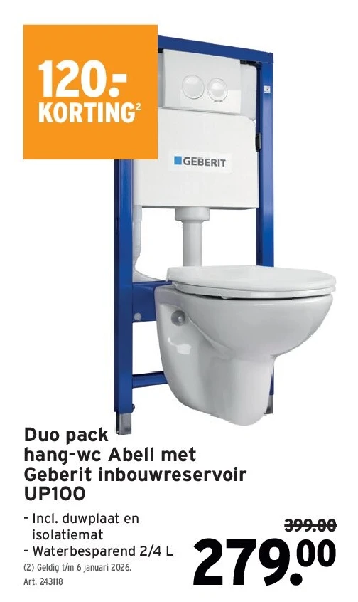 Duo pack hang-wc Abell met Geberit inbouwreservoir UP100