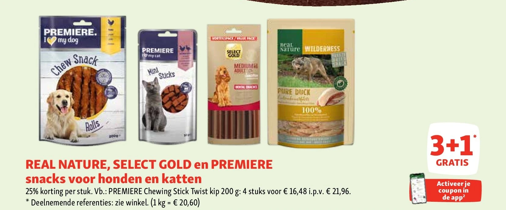 REAL NATURE, SELECT GOLD en PREMIERE snacks voor honden en katten