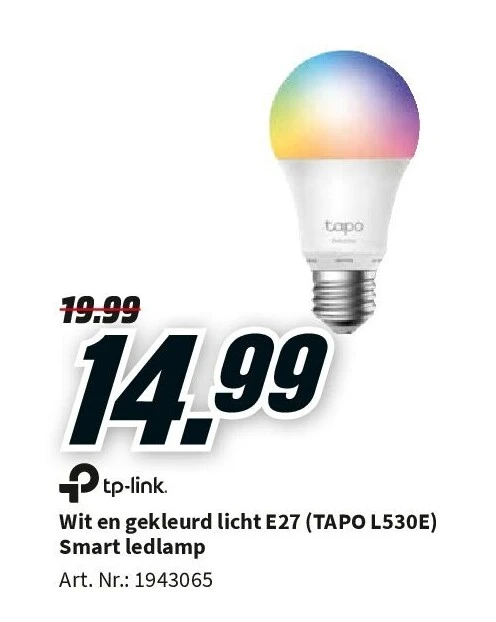 Wit en gekleurd licht E27 (TAPO L530E) Smart ledlamp