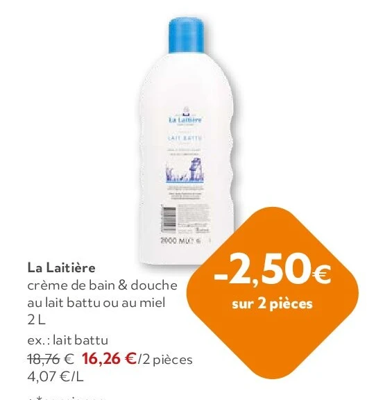 La Laitière crème de bain & douche au lait battu ou au miel 2 L
