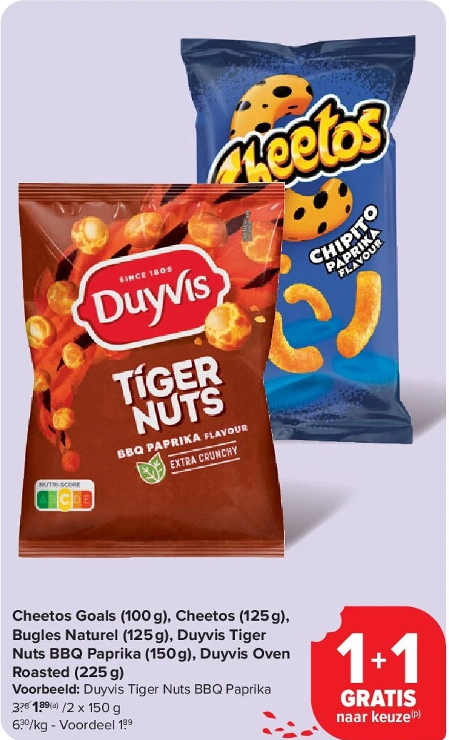 Cheetos Goals (100 g), Cheetos (125 g), Bugles Naturel (125 g), Duyvis Tiger Nuts BBQ Paprika (150 g), Duyvis Oven Roasted (225 g)