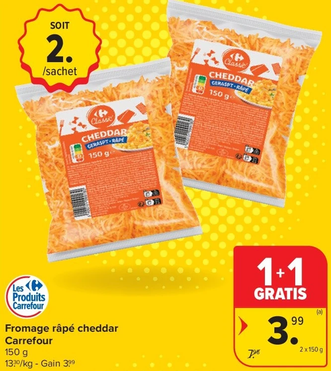 Fromage râpé cheddar Carrefour 2 x 150 g