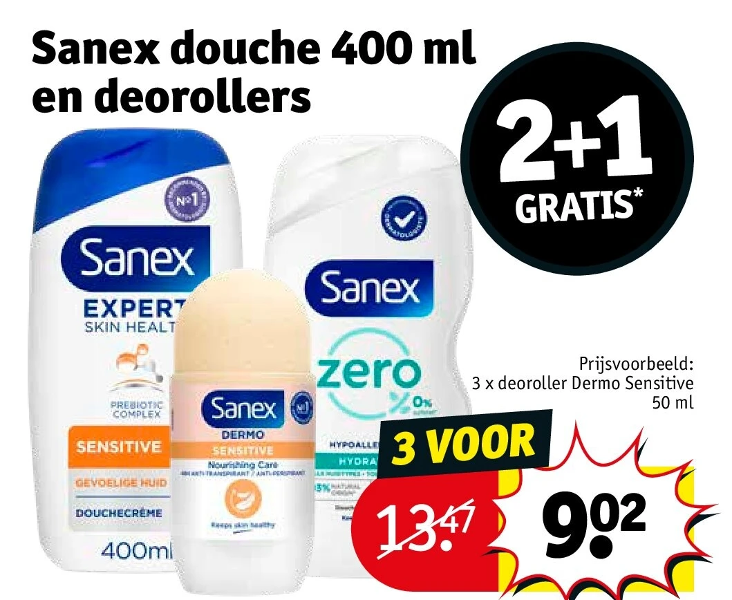 Sanex douche 400 ml en deorollers