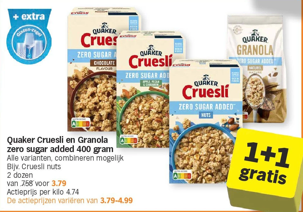 Quaker Cruesli en Granola zero sugar added 400 gram