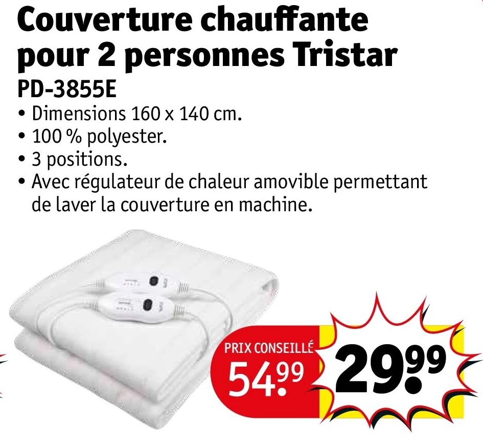 Couverture chauffante pour 2 personnes Tristar PD-3855E