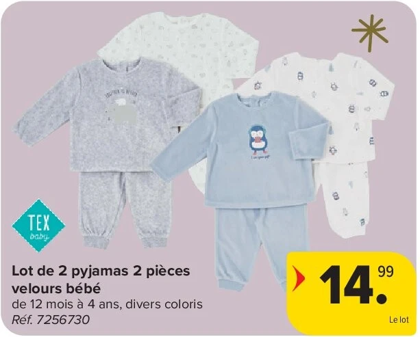 Lot de 2 pyjamas 2 pièces velours bébé