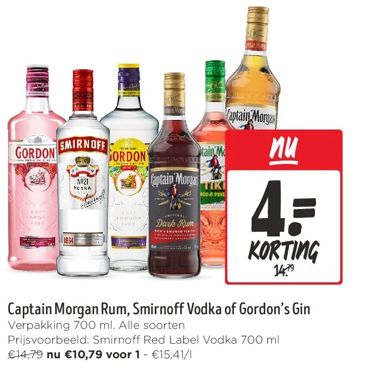 Captain Morgan Rum, Smirnoff Vodka of Gordon’s Gin