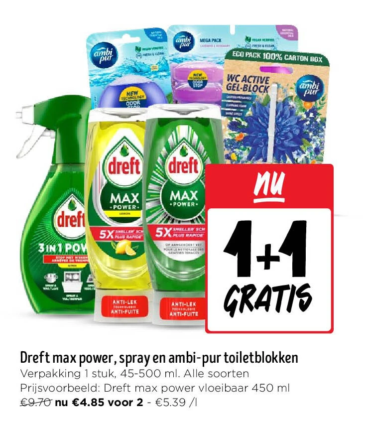 Dreft max power, spray en ambi-pur toiletblokken