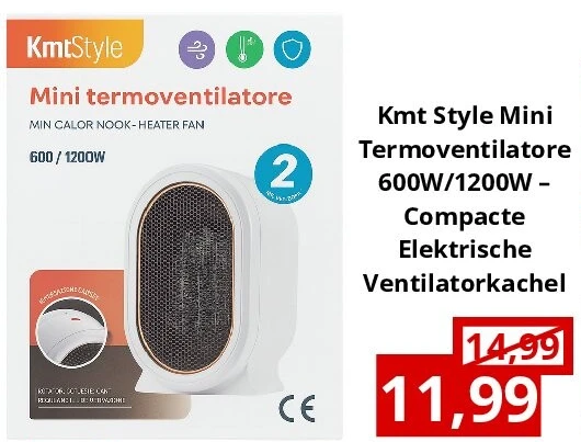 Kmt Style Mini Termoventilatore 600W/1200W – Compacte Elektrische Ventilatorkachel