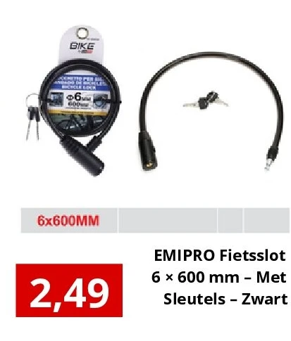 EMIPRO Fietsslot 6 × 600 mm – Met Sleutels – Zwart
