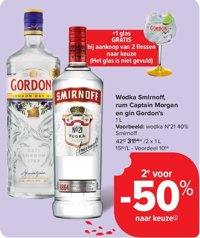 Wodka Smirnoff , rum Captain Morgan en gin Gordon’s