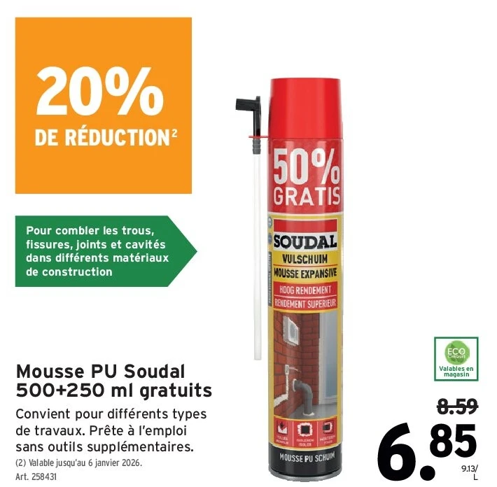 Mousse PU Soudal 500+250 ml gratuits