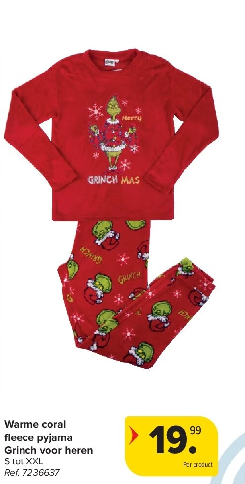 Warme coral fl eece pyjama Grinch voor heren