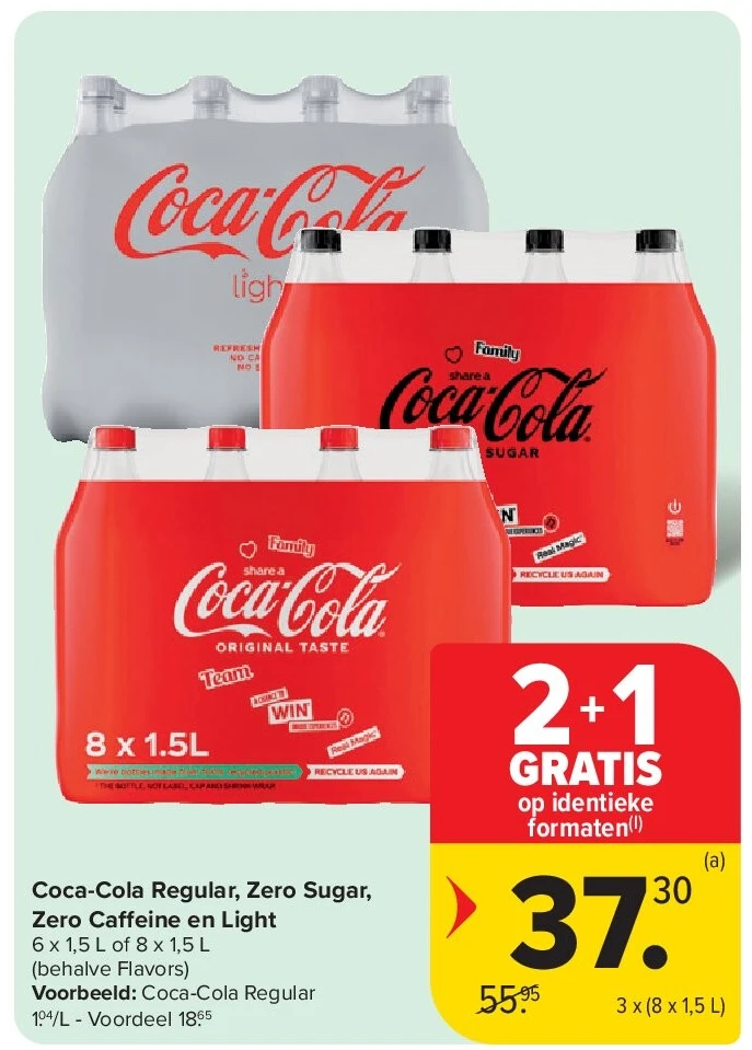 Coca-Cola Regular, Zero Sugar, Zero Caffeine en Light