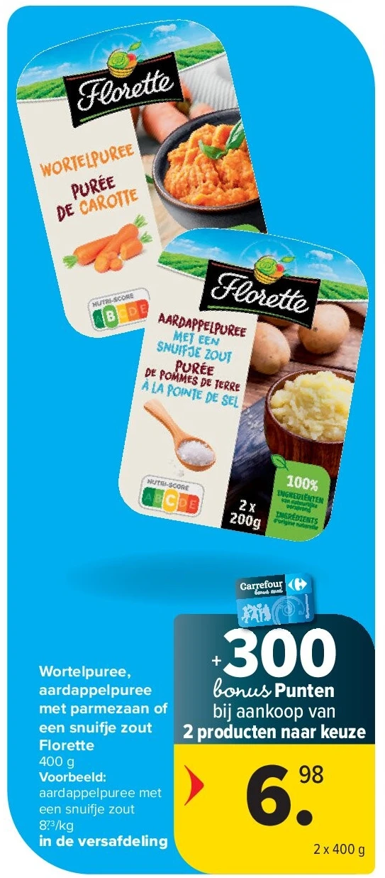 Wortelpuree, aardappelpuree met parmezaan of een snui e zout Florette
