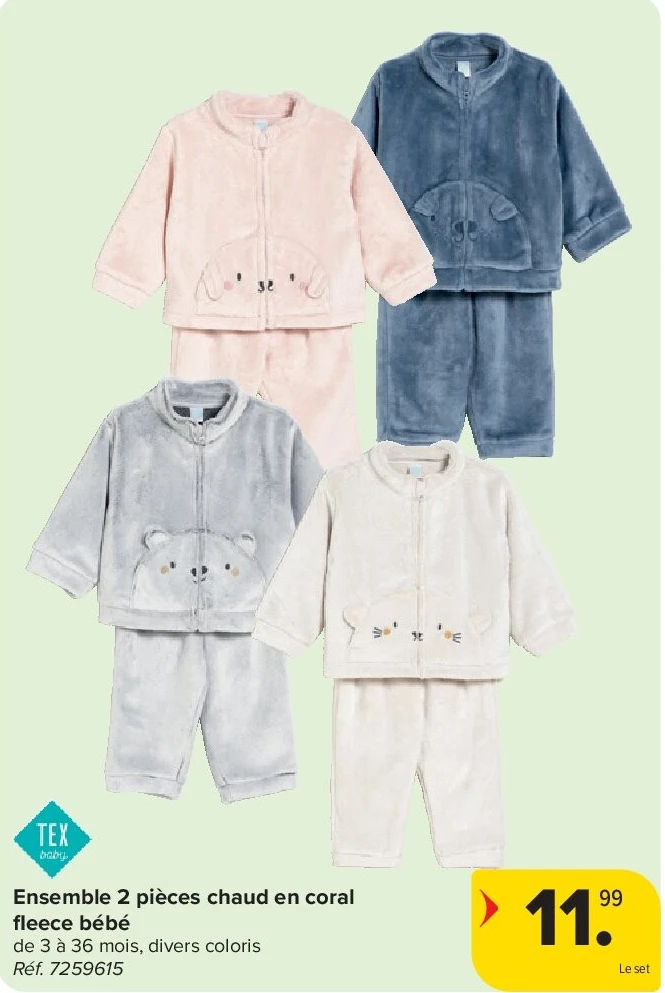 Ensemble 2 pièces chaud en coral fleece bébé