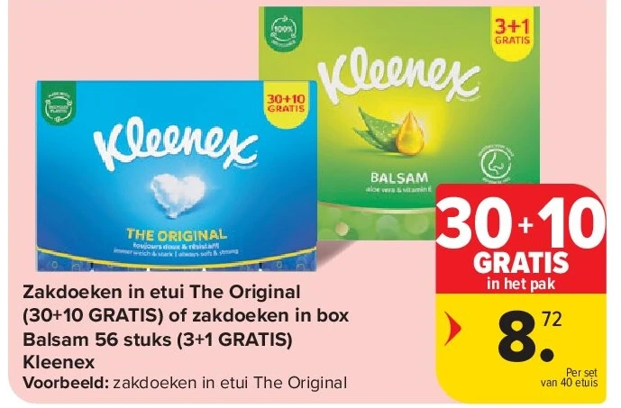 Zakdoeken in etui The Original (30+10 GRATIS) of zakdoeken in box Balsam 56 stuks (3+1 GRATIS) Kleenex