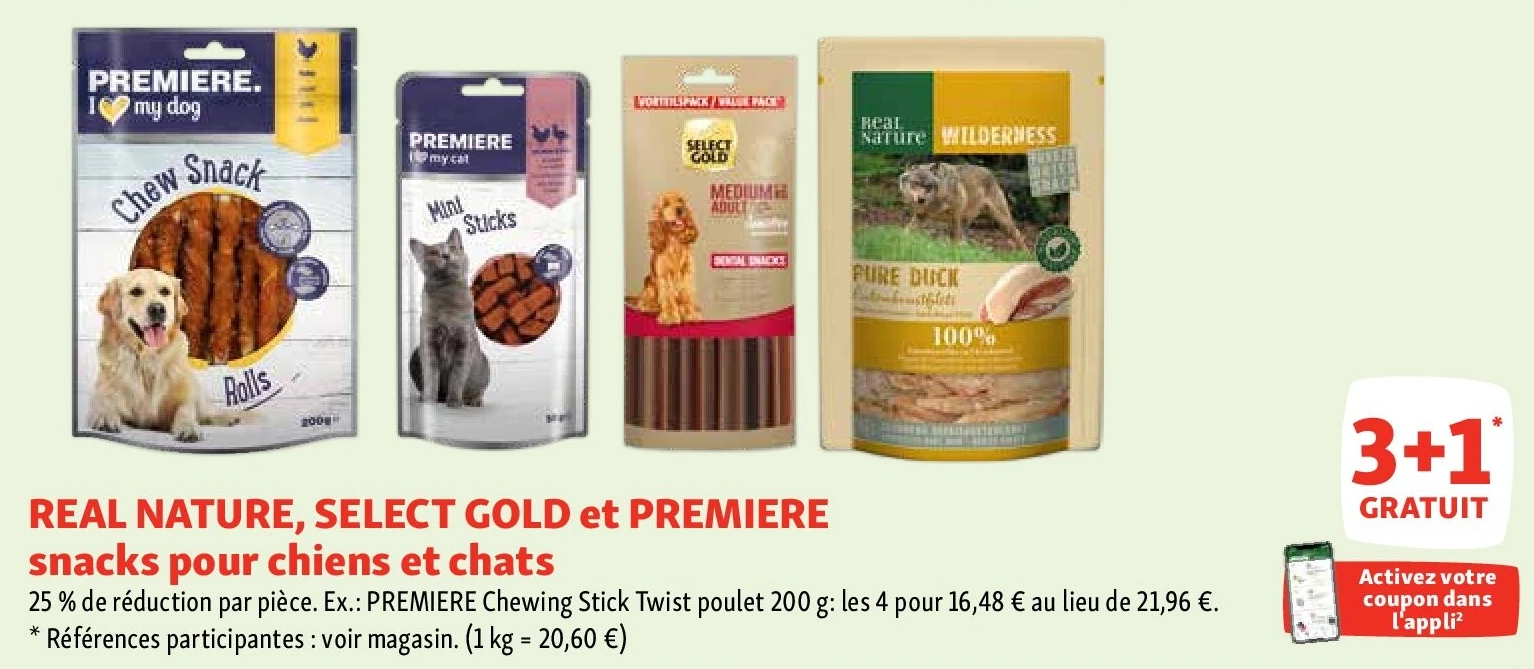 REAL NATURE, SELECT GOLD et PREMIERE snacks pour chiens et chats