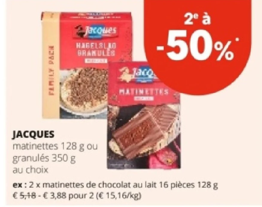 JACQUES matinettes de chocolat au lait 16 pièces 128 g
