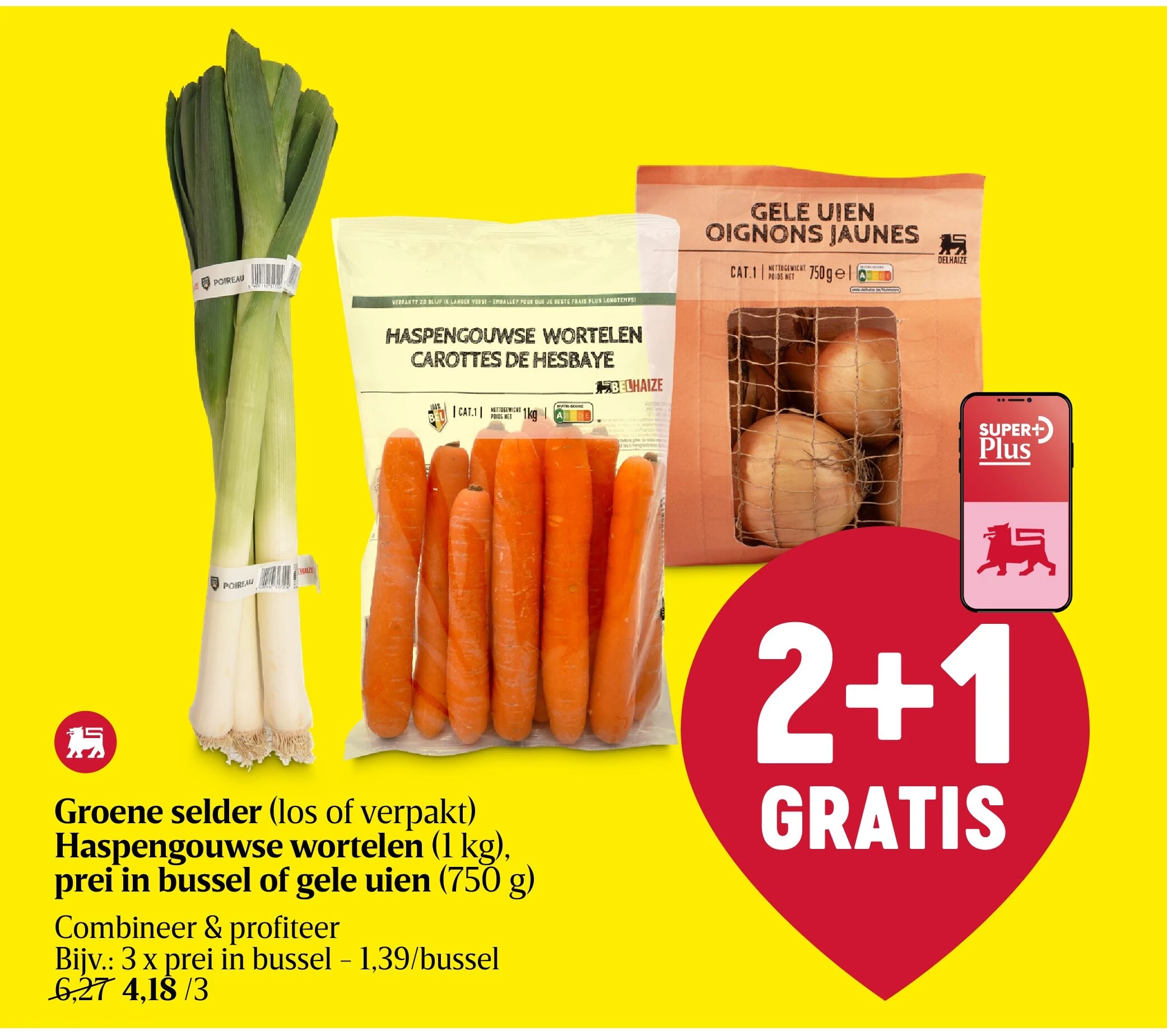 Groene selder (los of verpakt) Haspengouwse wortelen (1 kg), prei in bussel of gele uien (750 g)