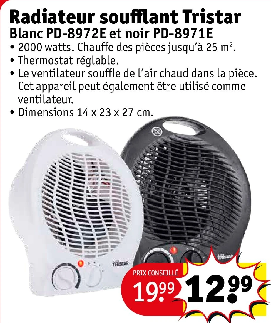 Radiateur soufflant Tristar Blanc PD-8972E et noir PD-8971E