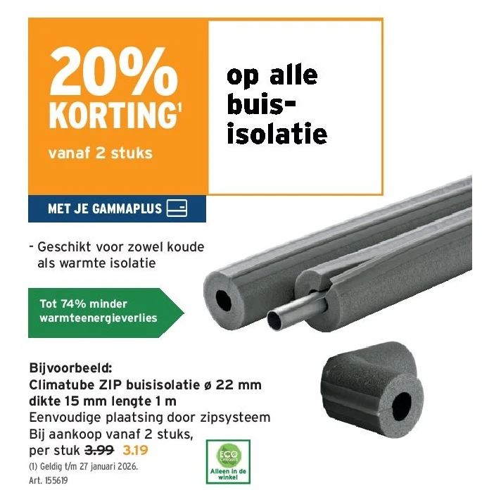 Climatube ZIP buisisolatie ø 22 mm dikte 15 mm lengte 1 m