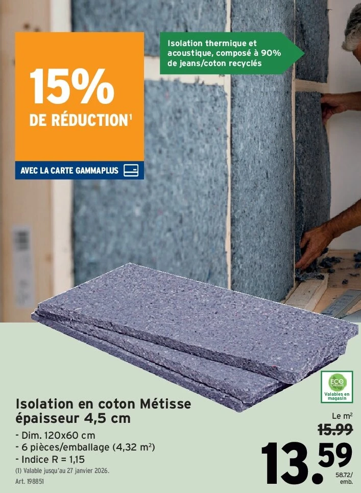 Isolation en coton Métisse épaisseur 4,5 cm