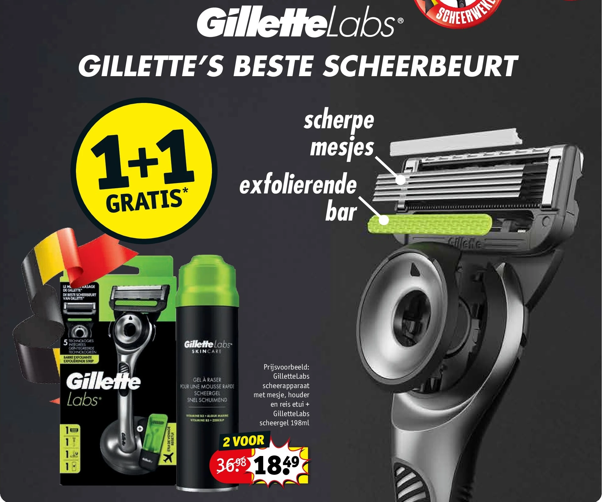 GilletteLabs scheerapparaat met mesje, houder en reis etui + GilletteLabs scheergel 198ml