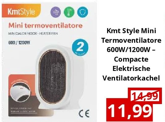 Kmt Style Mini Termoventilatore 600W/1200W – Compacte Elektrische Ventilatorkachel