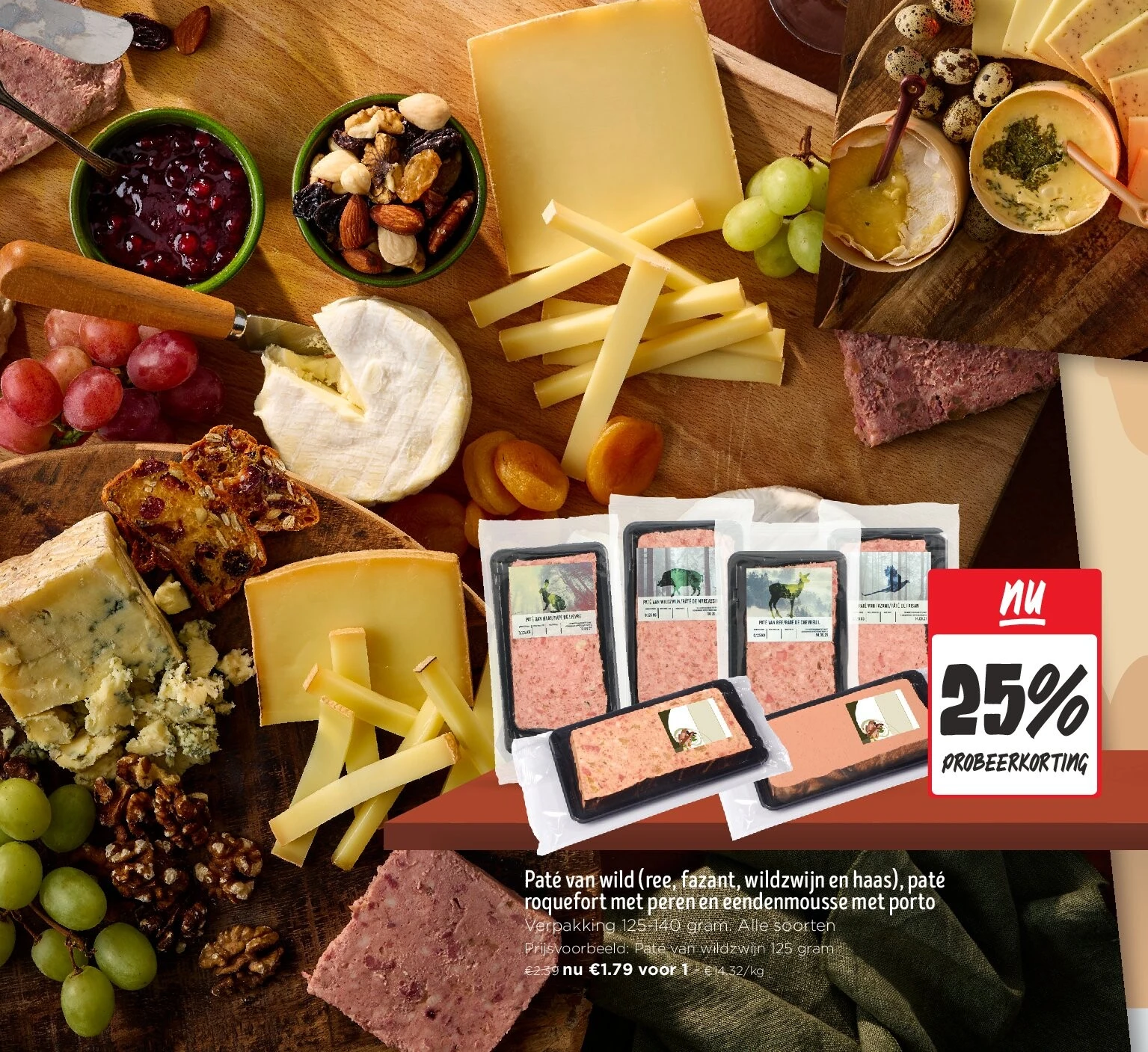 Paté van wild (ree, fazant, wildzwijn en haas), paté roquefort met peren en eendenmousse met porto