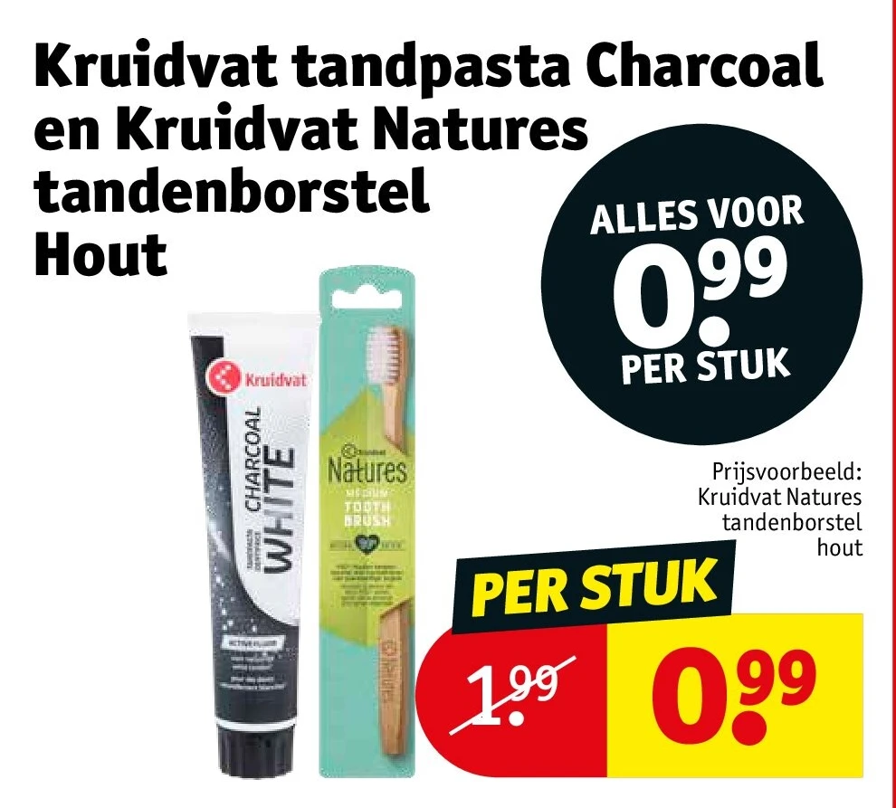 Kruidvat tandpasta Charcoal en Kruidvat Natures tandenborstel Hout