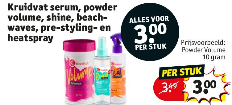 Kruidvat serum, powder volume, shine, beachwaves, pre-styling- en heatspray