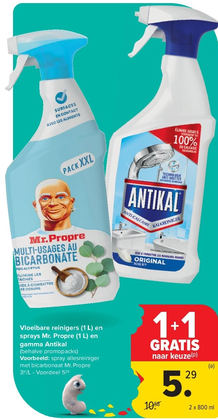 Vloeibare reinigers (1 L) en sprays Mr. Propre (1 L) en gamma Antikal