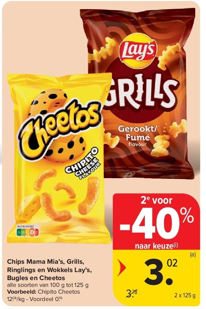 Chips Mama Mia’s, Grills, Ringlings en Wokkels Lay’s, Bugles en Cheetos