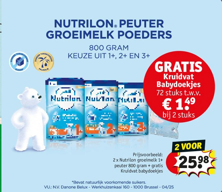 2 x Nutrilon groeimelk 1+ peuter 800 gram + gratis Kruidvat babydoekjes