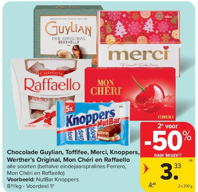 Chocolade Guylian, Toffifee, Merci, Knoppers, Werther’s Original, Mon Chéri en Raffaello