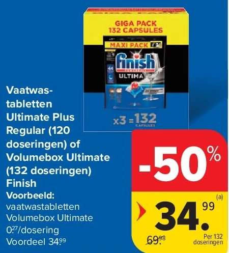 Vaatwastabletten Ultimate Plus Regular (120 doseringen) of Volumebox Ultimate (132 doseringen) Finish