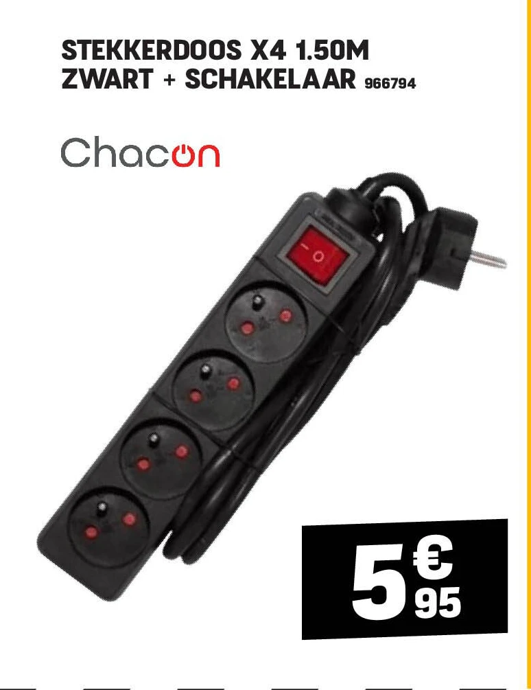 STEKKERDOOS X4 1.50M ZWART + SCHAKELAAR